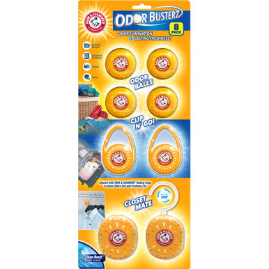 Arm And Hammer Odor Busterz Deodorizer Balls Mixed Pack 4 Odor Eliminating Balls 2 With Handy Clips 2 With Hangers 8 Total For Closets Bathrooms Work & Sports Gear Laundry Hamper (8 Count)