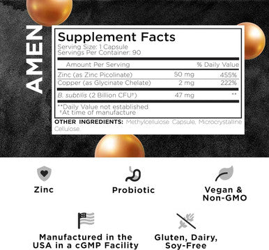 Amen Zinc & Copper Supplement + Probiotics, 3 Months Supply, One Per Day - 50 Mg Zinc Picolinate Vitamin Pills - Essential Minerals Supplements 2 Billion Cfus Probiotic Vegan, Non-Gmo, 90 Capsules