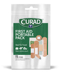 Curad First Aid Portable Pack Ideal for Travel Carry-on Backpacks Water Resistant Pouch Variety Size Bandages Alcohol Swabs 12 Packs