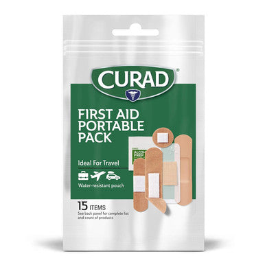 Curad First Aid Portable Pack Ideal for Travel Carry-on Backpacks Water Resistant Pouch Variety Size Bandages Alcohol Swabs 12 Packs