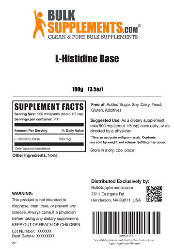 BulkSupplements L-Histidine Powder (Base) - Amino s Supplement for Immune Support - 500mg of L-Histidine Powder , 200 Servings - (100 Grams - 3.5 oz)