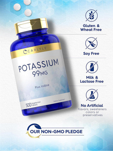 Carlyle Potassium 99mg | Plus Iodine | 500 Vegetarian Tablets | Non-GMO and Gluten Supplement