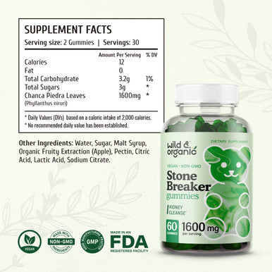 Wild & Organic Stone Breaker Gummies - Chanca Piedra Chewable Health Supplement for Gallbladder Support - May Help with Liver, Kidney, Urinary Tract Cleanse - Vegan, Gluten-Free - 60 Count