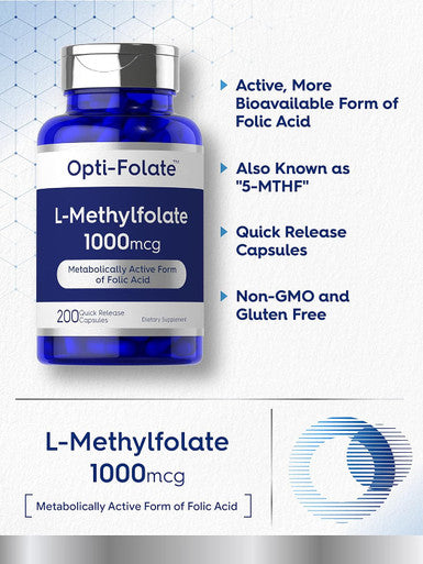 Carlyle L Methylfolate 1000mcg | 200 Capsules | Value Size | Optimized and Activated | Non-GMO Gluten | Methyl Folate 5-MTHF | by Opti-Folate