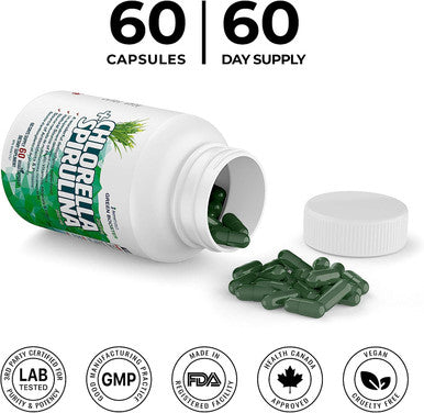 AzmaBiotech Green Booster Synbiotic | Chlorella 250 mg + Spirulina 250 mg | 60 Vegan Capsules | Broken Cell Wall