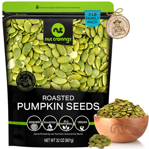 NUT CRAVINGS - Roasted & Unsalted Pumpkin Seeds, Pepitas, No Shell (16oz - 1 LB) Packed Fresh in Resealable Bag - Nut Snack - Food Assortments