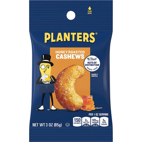PLANTERS Deluxe Honey Roasted Whole Cashews, Party Snacks, Plant-based Protein, 2 oz Bags (Pack of 15)