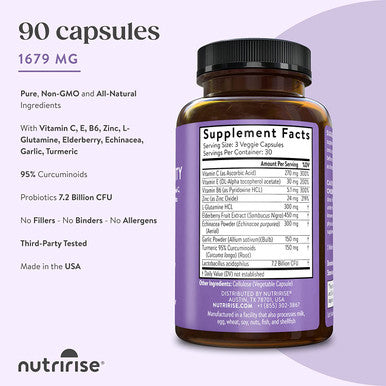 NutriRise Immunity Complex - Super Immunity - 90 ct - Immune Support Supplement, Vitamin C, Zinc, L-Glutamine, Elderberry, Echinacea, Turmeric Curcumin, 7.2 Billion CFU Probiotics for Men & Women