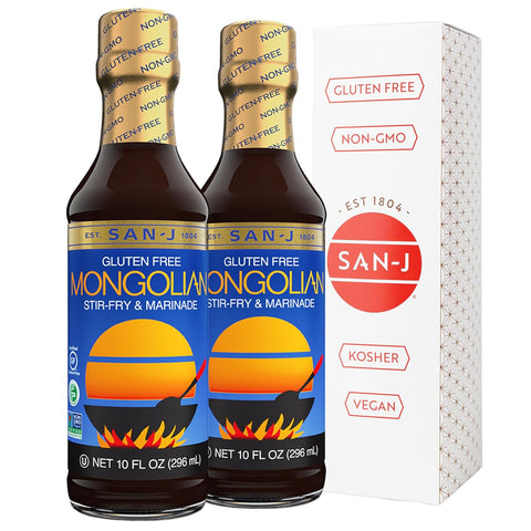 San-J - Spice of Life Variety Pack- Teriyaki, Orange Sauce, Szechuan, Thai Peanut - All Gluten Free Cooking Sauces - Non-GMO - 10 oz. Bottles - 4 Pack
