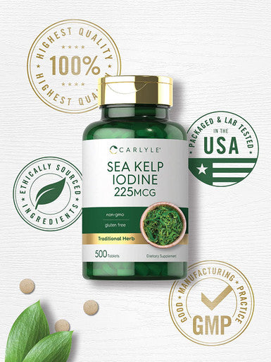 Sea Kelp Iodine | 225mcg | 500 Tablets | Non-GMO, Gluten Free | Traditional Herb Supplement | by Carlyle