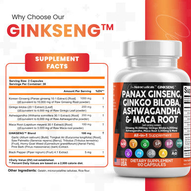 Panax Ginseng 10000mg Ginkgo Biloba 4000mg Ashwagan Maca Root 3000mg - Focus Pills & Brain Supplement for Women and Men with Pine Bark Extract, Garlic, and Saw Palmetto - 60 Caps