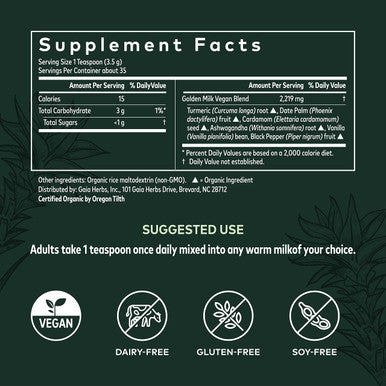 Gaia Herbs Golden Milk Supplement Powder - Made with Organic Turmeric Curcumin, Black , Ashwagan, Dates, , and Vanilla for an Ayurvedic Cup of Calm - 4.3 Oz (35-Day Supply)