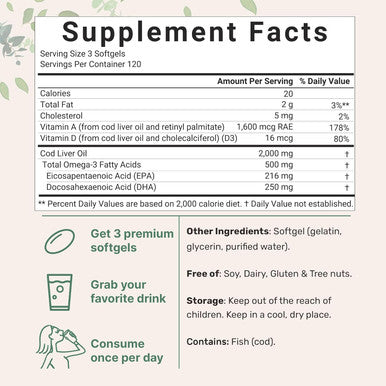 Micro Ingredients Cod Liver Oil 2000mg Per Serving 360 Softgels | Lemon Flavored Burpless Wild Caught Arctic Deep Sea Fish | High in Omega 3 EPA DHA Vitamins A & D3 | Heart Brain & Immune Supplement