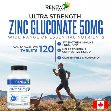 Renew Actives Zinc Supplements, 8 Month Supply (250 Count), Easy To Swallow, Max Strength 50Mg Zinc Vitamin, For Healthy Skin, A Strong Immune System, And Enhanced Hair Growth, Vegan, Made In Canada