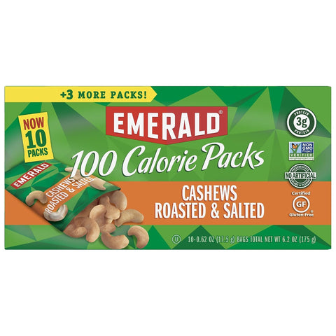 Emerald Nuts Roasted and Salted Cashews 7ct (1-Pack), 100-Calorie Individual Packs, Plant-Based Protein, Kosher Certified, Non-GMO, Contains No Artificial Preservatives, Flavors or Synthetic Colors