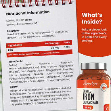 Vitabright Gentle Iron Tablets High Strength 28mg Vegan Iron Tablets Women & Men Chelated (Organic) Iron Supplements for Women & Teens Energy Tablets for Tiredness VitaBright Strong Iron Bisglycinate