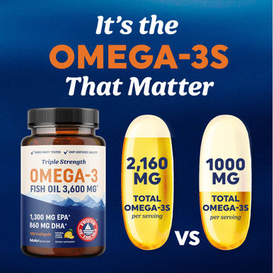 Triple Strength Omega 3 Fish Oil 3600 mg EPA & DHA Over 2100mg Omega-3 Fatty Acids 1300mg EPA + 860mg DHA Best Essential Fatty Acids Premium Wild Caught & Burpless Fish Oil 180 Ct