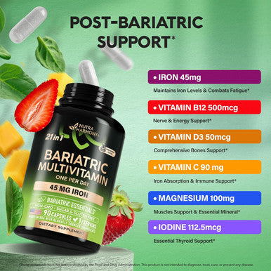 Bariatric Multivitamin - 45 Mg Iron Supplements - Made In Usa - For Women & Men - All-In-One 21 Essential Vitamins - Gastric Sleeve Support - Of Sugar Gluten & Soy - 90 Capsules