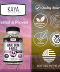 Kaya Naturals Hair Skin Nail Capsules BIOTIN Vitamin D Vitamin B12 A Folic Acid Support Hair Support Vitamin Supplement 180 Count