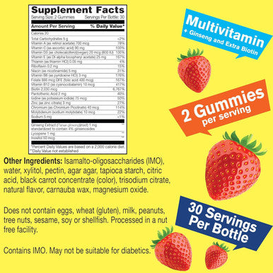 Multivitamin Sugar Gummies With Ginseng, Vitamin A, C, D3, E, B12, B6, B1, B2, B5, Niacin, Folic Acid, Biotin, Iodine, Zinc, Chromium, Molybdenum, Lycopene, Inositol - Vegan - 60 Gummies