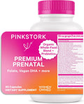 Pink Stork Premium Prenatal Vitamin for Women - Organic Whole-Food Ingredients Multivitamin & Probiotics - Morning Sickness Digestion & Energy - Folate B6 & Iron - 60 Capsules