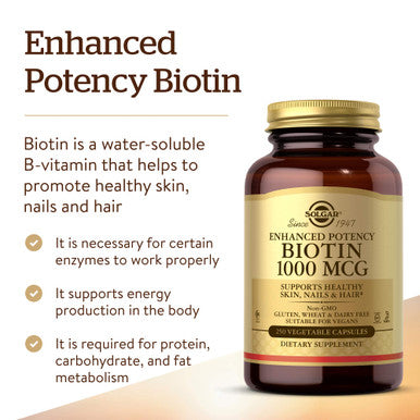 Solgar Biotin 1000 Mcg 250 Vegetable Capsules - Supports Healthy Skin Nails & Hair - Energy Metabolism - Enhanced Potency - Non-Gmo Vegan Gluten Free Dairy Free Kosher Halal - 250 Servings
