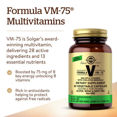 Solgar Formula Vm-75 60 Vegetable Capsules - Multivitamin With Chelated Minerals - Vitamin A B6 B12 C D E - Biotin Magnesium Calcium Iron Zinc - Vegan Gluten Free Dairy Free - 60 Servings