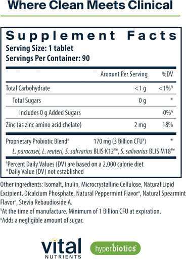 Hyperbiotics Pro Dental Probiotic with BLIS K12 and M18 | Premium Vegan Probiotic for Oral Health and Bad Breath | Sugar | Mint Chewable Tablet | Gluten and Dairy | 90 Count