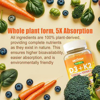 Organic Plant D3 5000 Iu + K2(Mk-7)100 Mcg -5X Absorption Than Standard D3K2, 100% Whole Food Derived Omega-3,Methyl B12,Vitamin C, Zinc,And 5 Organic Vegetables,Supports Bone & Teeth Strength, Immune