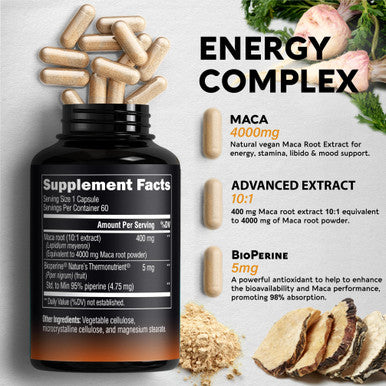 NUTRAHARMONY Maca Root For Men & Women - Energy & Stamina Support - 4000 Mg High Purity Natural Supplement - Made In Usa - Powered With Bioperine - Non-Gmo, Vegan - 60 Powder Capsules