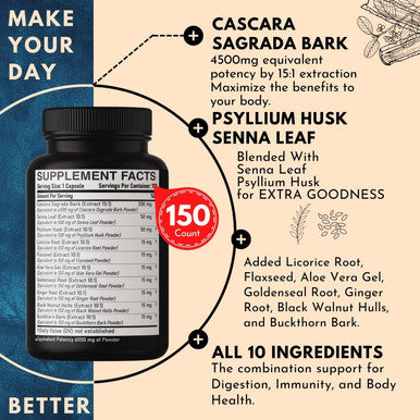 Dedicad 6550Mg Cascara Sagrada Capsules 5 Months Supply Combined 10 Herbs Senna, Psyllium Husk, Licorice, Flaxseed, Aloe Vera