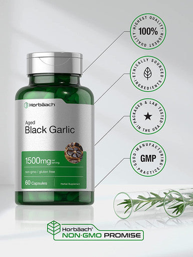 Aged Black Garlic Capsules 1500mg | 60 Count | Fermented Extract Supplement | Non-GMO, Gluten Free | by Horbaach