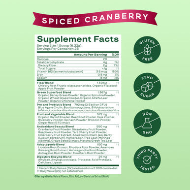 Bloom Nutrition Superfood Greens Powder Digestive Enzymes with Probiotics and Prebiotics Gut Health Bloating Relief for Women Chlorella Green Juice Mix with Beet Root 25 SVG Spiced Cranberry