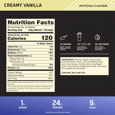 Optimum Nutrition (On) Gold Standard 100% Micellar Casein Protein Powder 24 Grams Of Protein Slow Digesting Helps Keep You Full Overnight Muscle Recovery - Creamy Vanilla 3.86 Lbs 53 Servings