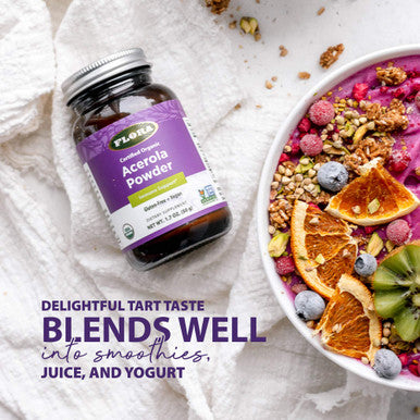 Flora Acerola Powder Daily Immune Booster with Vitamin C Gluten Free Vegan Vitamin C Antioxidant Powder 1.7oz. Glass Bottle
