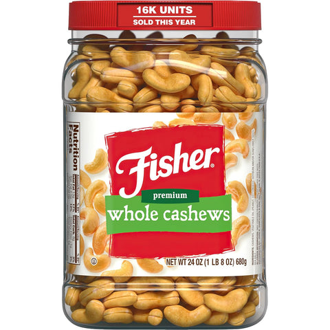 Fisher Snack Premium Whole Cashews, 24 Ounces, Roasted with Sea Salt, No Artificial Colors or Flavors, 100% Recyclable | Roasted With Sea Salt, No Artificial Colors Or Flavors, 100% Recyclable Packaging
