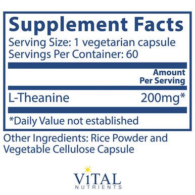 Vital Nutrients LTheanine 200 mg Supports Normal Stress Levels and Cognitive Function 60 Capsules per Bottle
