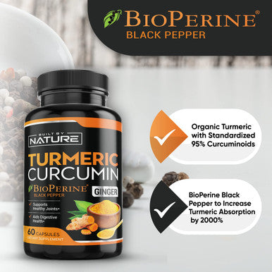 Built Nature Turmeric Supplement Tumeric Curcumin With Black Pepper And Ginger Curcuma Bioperine - 95% Curcuminoids Max Absorption, Natural Joint & Antioxidant, Non-Gmo, Vegan Gluten Free 60 Capsules