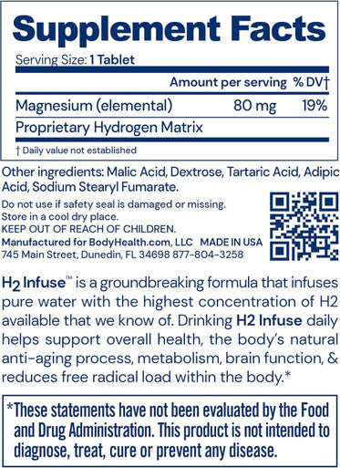 Bodyhealth H2 Infuse Molecular Hydrogen Tablets, Hydrogen Tablets For Drinking Water, Elemental Magnesium To Support Metabolism, Hydrogen Pills For Molecular Hydrogen Water (60 Count)