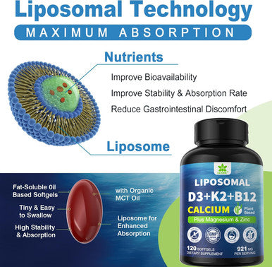 6-In-1 Liposomal Vitamin D3 K2 Calcium Supplement - Plant Based Calcium 600Mg With Vegan Vitamin D 5000 Iu + Vitamin K2 Mk7 + B12, Algae Calcium Magnesium Zinc For Bone, Hear-T, Max Absorption, 1Pack