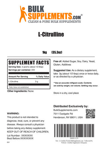 BulkSupplements L-Citrulline Powder - Citrulline Supplement for Circulation & Muscle Recovery - Unflavored, - 3g s, 333 Servings (1 Kilogram - 2.2 lbs)