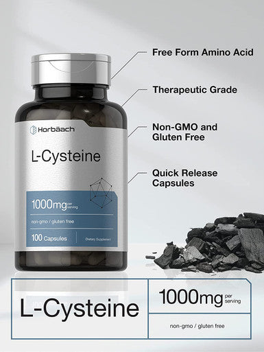 L Cysteine 1000mg 100 Powder Capsules Non GMO Gluten Free Supplement by Horbaach