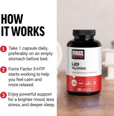 Force Factor 5HTP Sleep Aid and Mood Support Supplement Extra Strength 5 HTP Natural Sleep Supplement for Adults to Support Calm and Stress Balance Vegan Non-GMO 120 Capsules