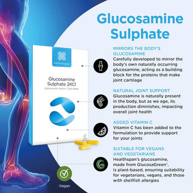 Healthspan Glucosamine Sulphate 2KCI 1,000mg (10 MonthsÃƒÂ¢Ã¢â€šÂ¬Ã¢â€žÂ¢ Supply) | Sustainably sourced Plant-Based glucosamine to Support Your Joints | 591mg Glucosamine Base with 20mg Vitamin C | Vegan