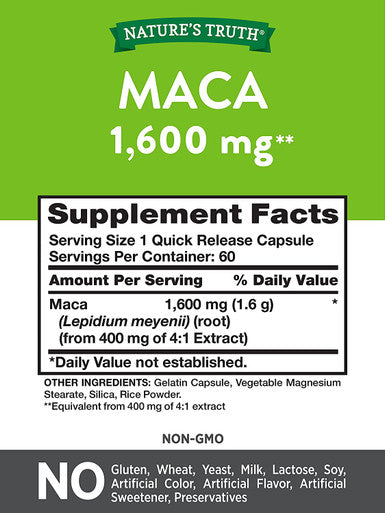 Maca Root 1600 mg | 60 Powder Capsules | Male Performance Pills | Non-GMO, Gluten | by Nature's Truth