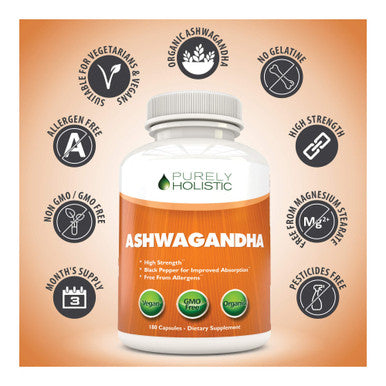 Purely Holistic Organic Ashwagandha 1300Mg - 180 Vegan Capsules - 650Mg Of Ashwaganda Per Capsule - 3 Month Supply - High Strength Ashwaganda Root Extract With Black Pepper