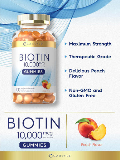 Carlyle Biotin 10000mcg Gummies | 100 Count | Peach Flavor Supplement | Vegan Non-GMO Gluten