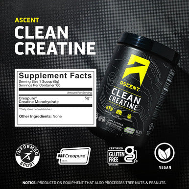 Ascent Clean Creatine Monohydrate Powder 5G Per Serving Creapure Creatine Supplement Unflavored 100 Servings