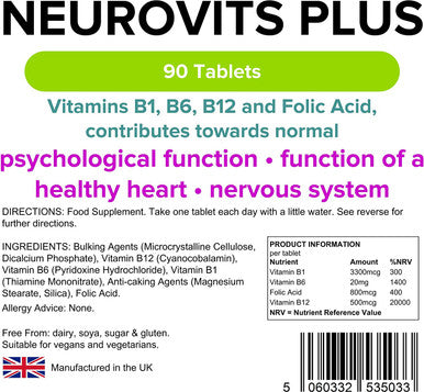 Lindens Neurovits Plus Tablets - 90 Pack - Contains Vitamin B1, B6, B12 & Folic Acid Contributes Towards Normal Psychological Function Healthy Heart & Nervous System