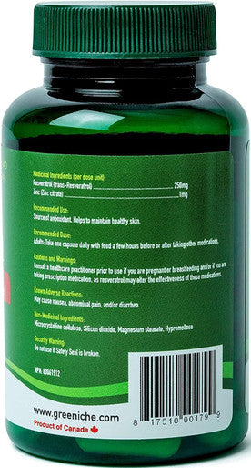 Dermatrol Rich Source of Antioxidants Resveratrol & Zinc Supplements For Men & Women Helps Maintain Skin Hair & Nails & Overall Immune System NON GMO 30 Veg Caps Greeniche